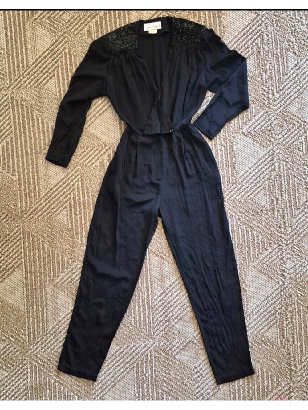 Vintage 80s Rayon Black Beaded Jumpsuit Long Sleeve Pleated Romper S